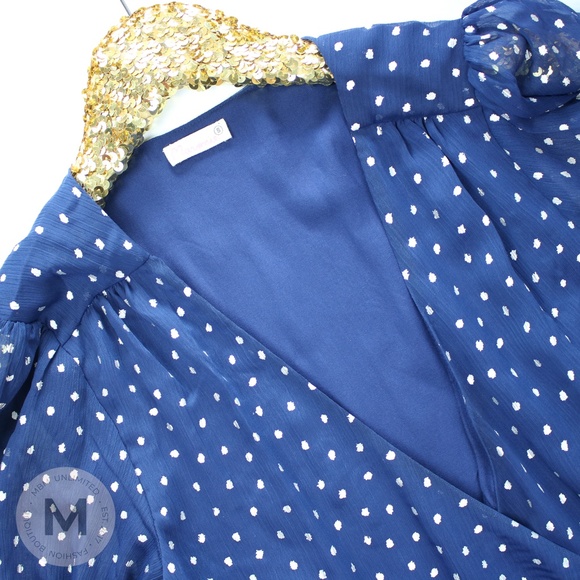 Navy Blue Dotted Ruffle Hem Wrap Dress - Picture 6 of 8